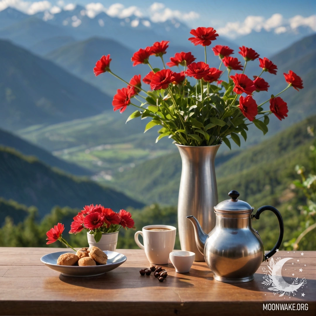 A wooden table set against mountain scenery, featuring a jar of red flowers, a coffee pot, and cups.