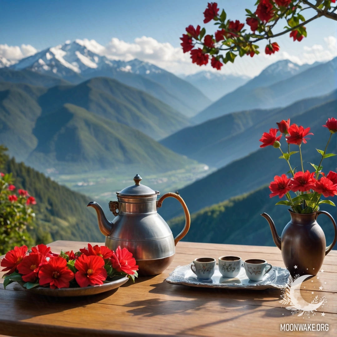 A beautiful wooden table set against a backdrop of mountains, featuring a jar of red flowers and a coffee pot with cups.