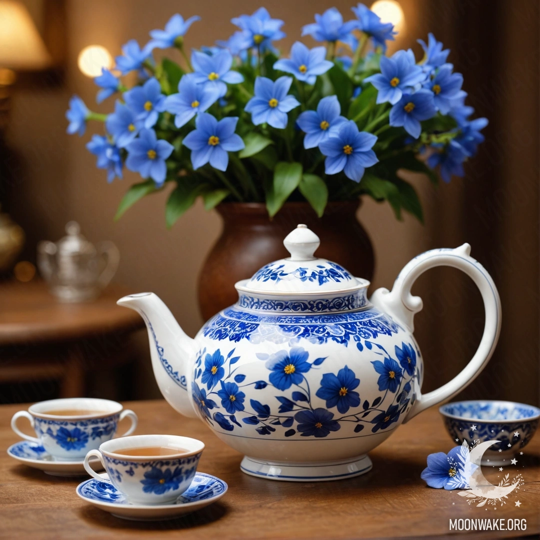 A round wooden table adorned with a porcelain teapot filled with blue flowers, surrounded by garland lights.