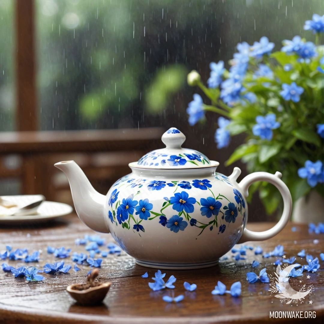 A round wooden table with a porcelain teapot filled with blue flowers, under the rain.