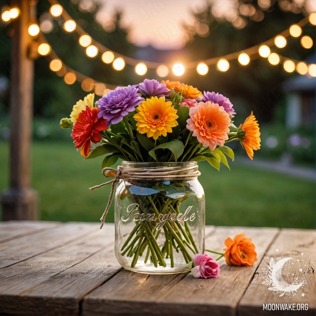 Charming Wooden Table with Floral Bouquet A shabby wooden table with a jar of flowers, softly lit by a sunset bokeh.