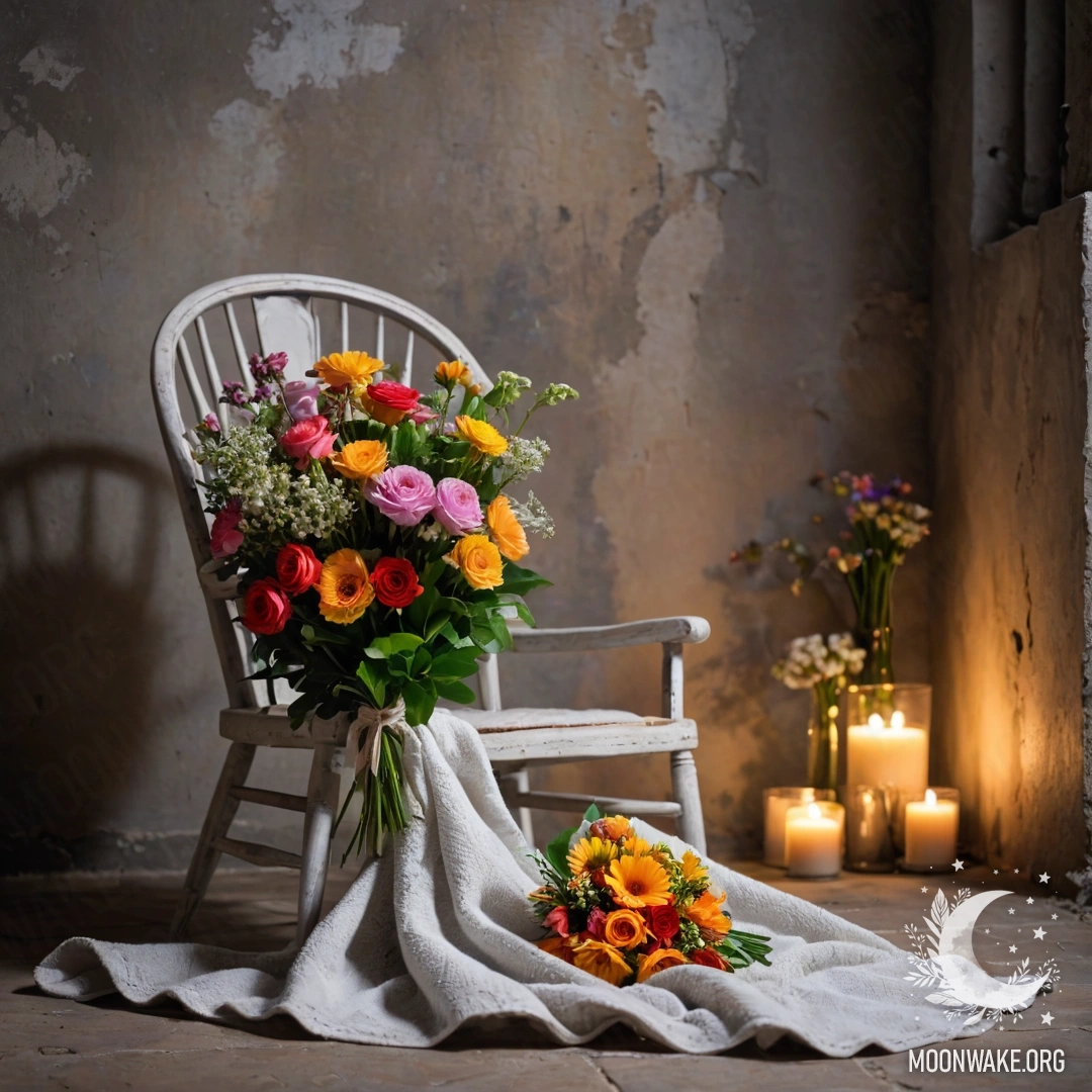 A shabby wooden table with a jar of flowers and a festive bokeh garland in the background.