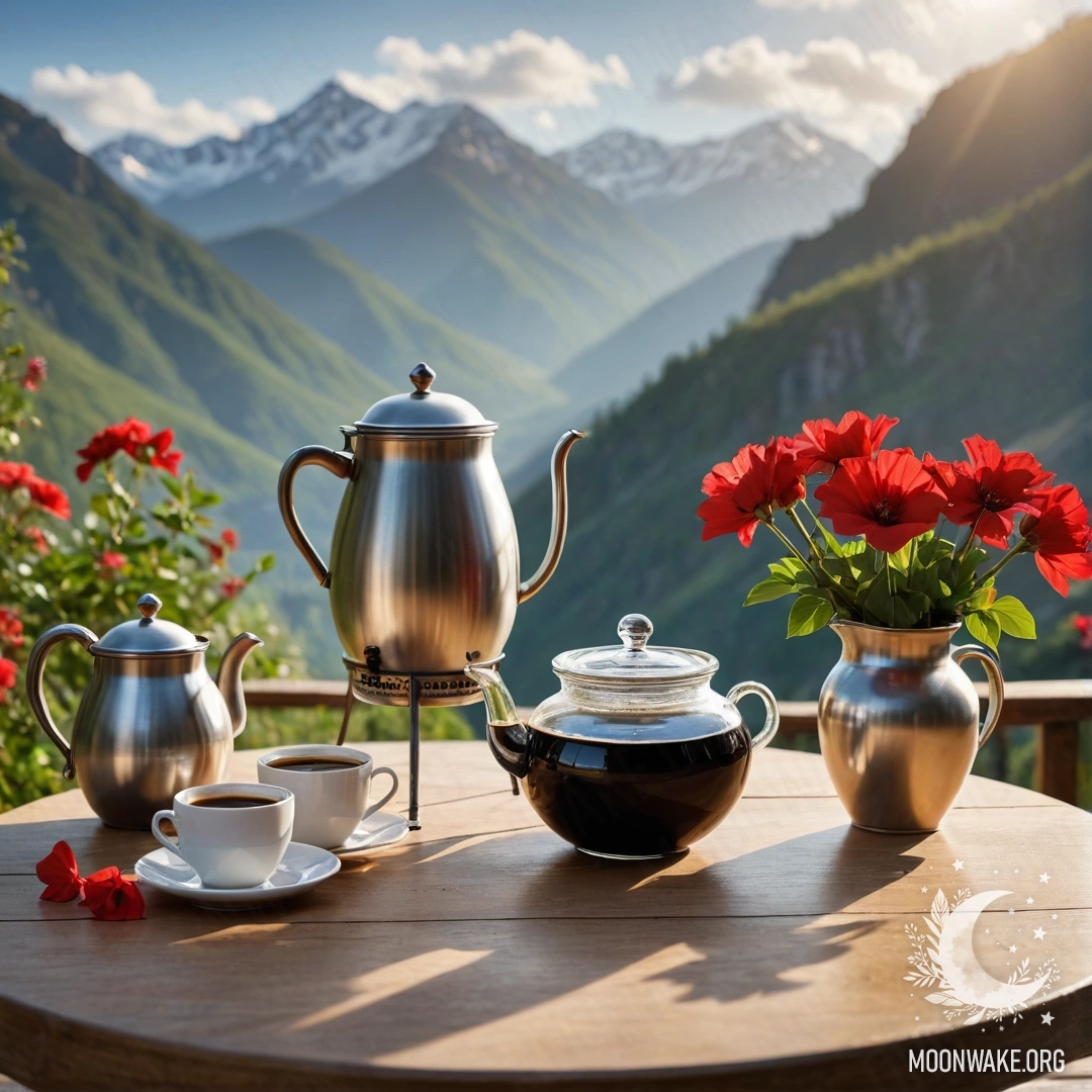 A wooden table with a jar of red flowers, a coffee pot and cups, with mountains in the background and sun rays shining.