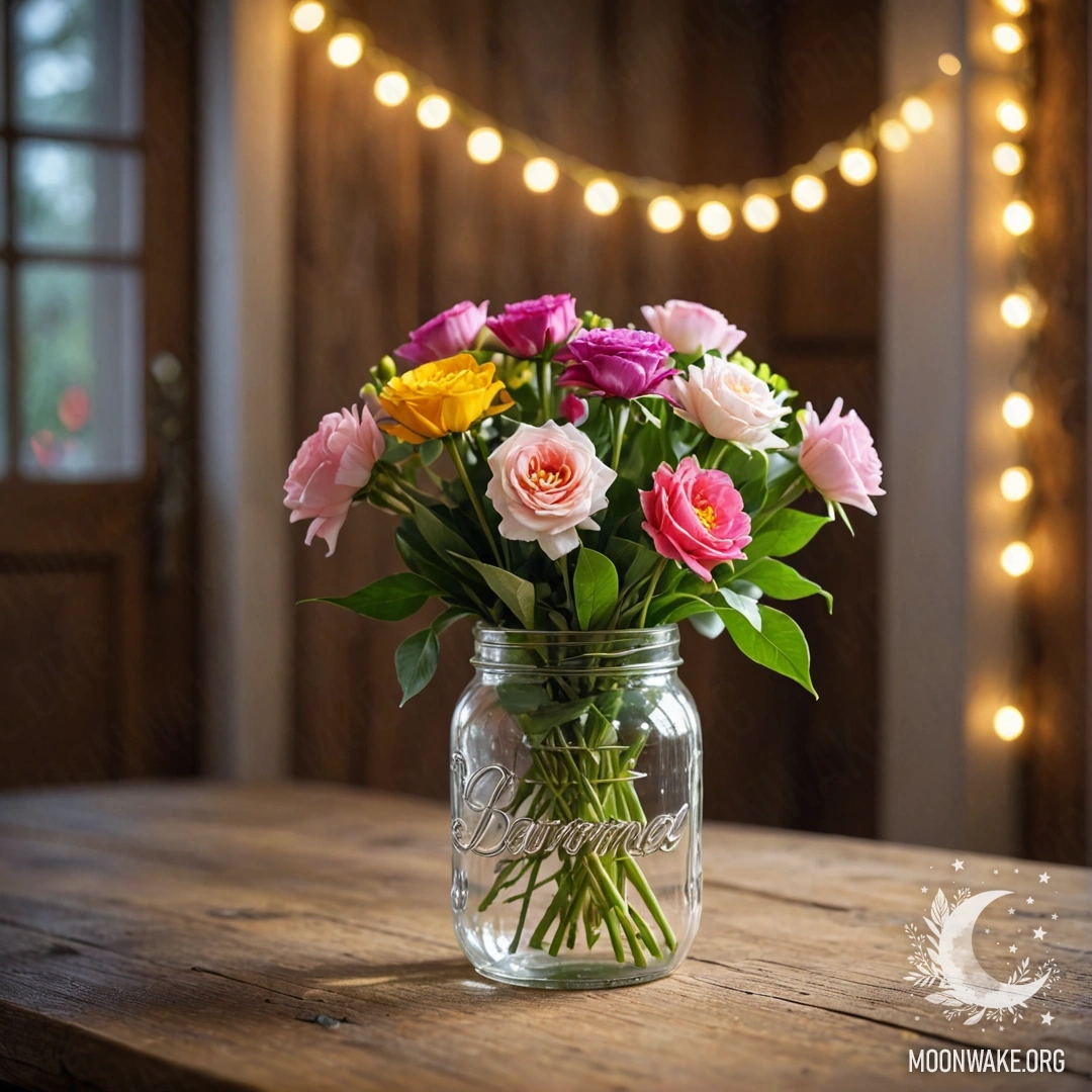 A shabby wooden table with a jar of flowers and a bokeh background.