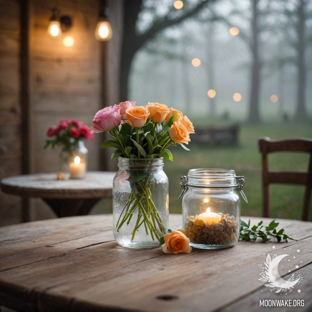 A shabby wooden table with a jar of flowers and a bokeh backdrop of lights in dense fog.