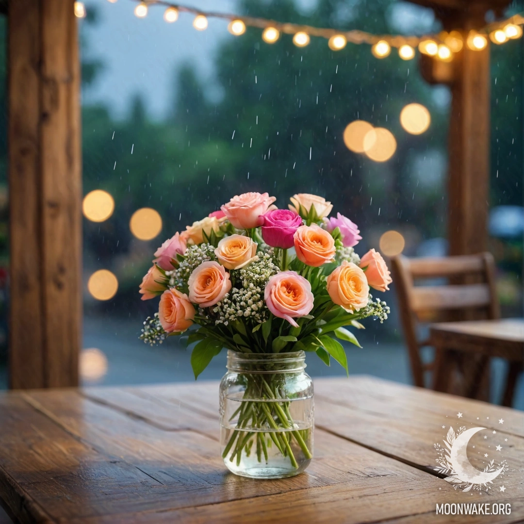 A photorealistic image of a shabby wooden table with a jar of flowers and a bokeh light garland in the rain.