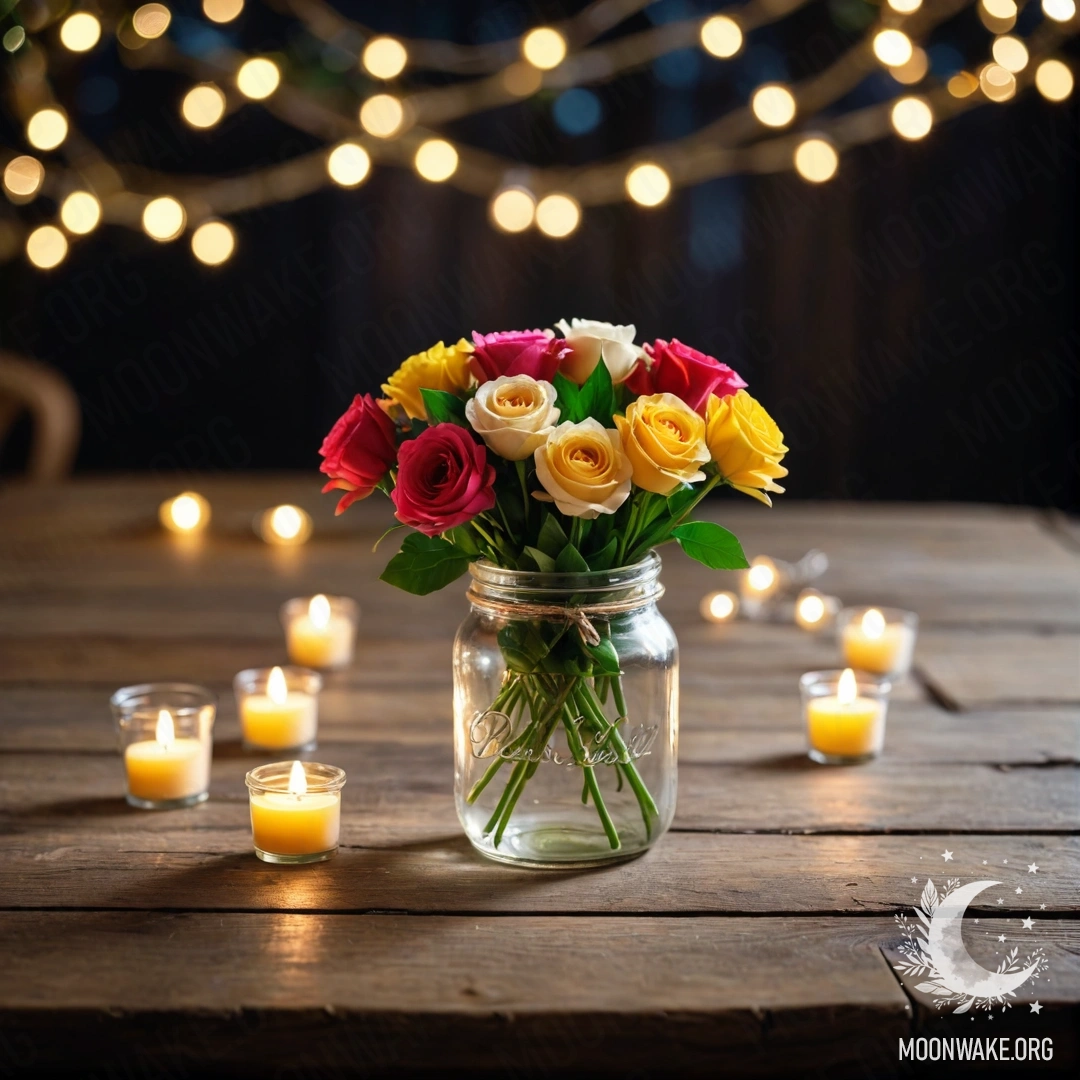 A cozy wooden table featuring a jar with a bouquet of flowers, illuminated by soft bokeh lights in the background.