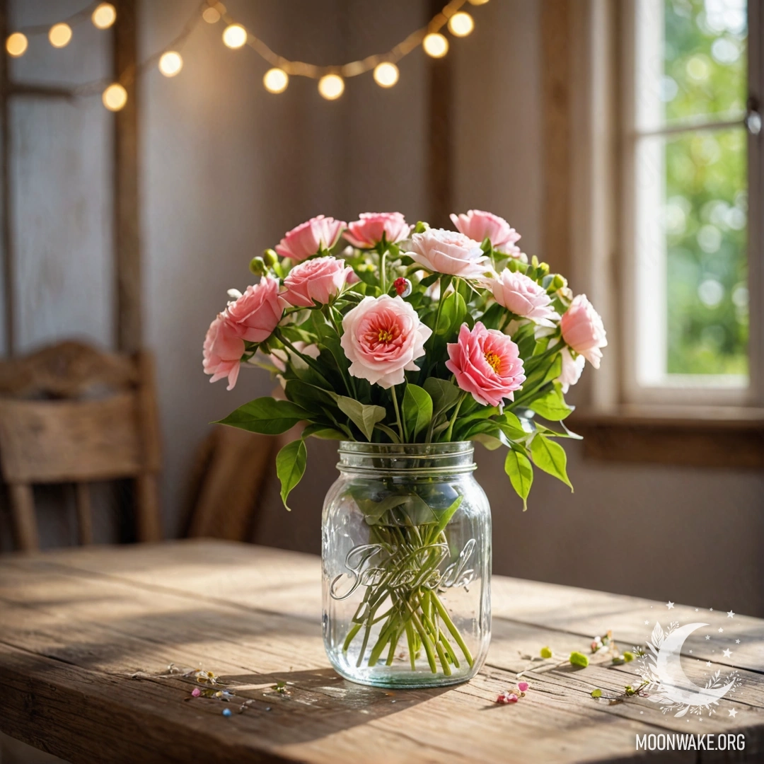 A shabby wooden table with a jar of flowers and a soft bokeh background.