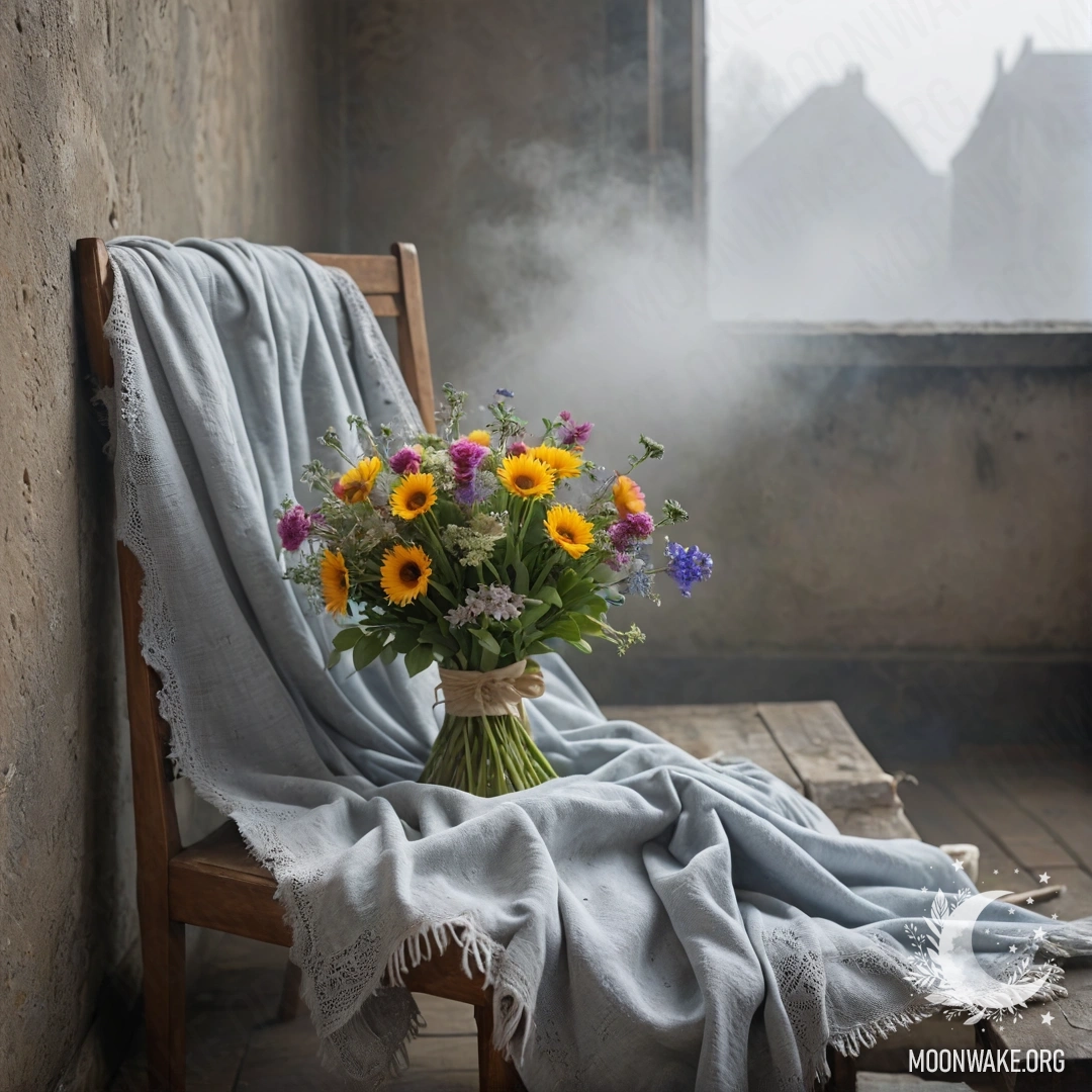 A shabby wooden table with a jar of flowers and a glowing garland in the background.