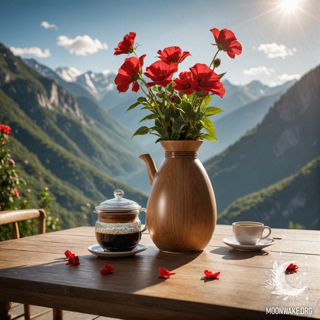 A wooden table with a jar of red flowers, a coffee pot and cups, set against a mountain backdrop illuminated by sun rays.