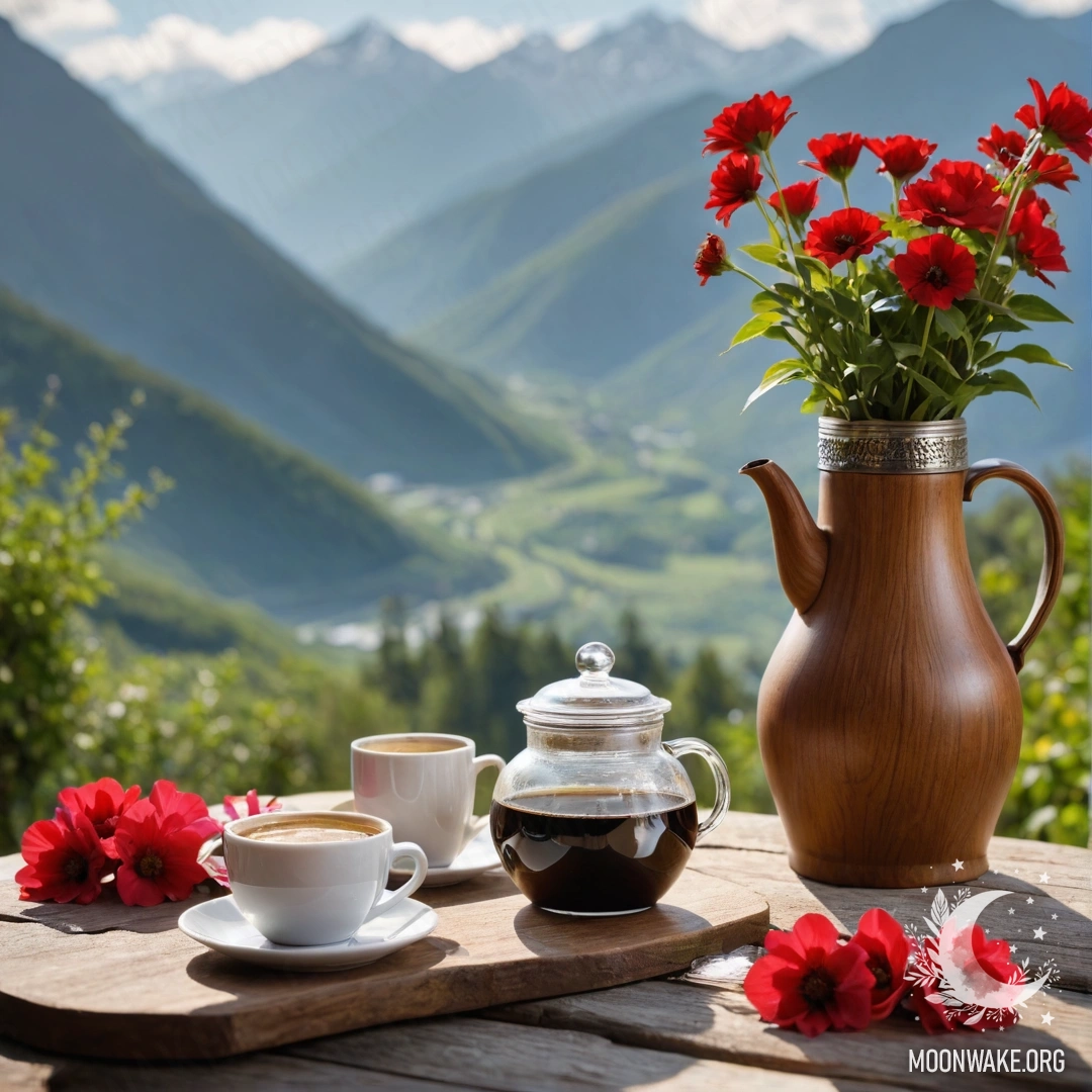 A wooden table with a jar of red flowers, a coffee pot, and cups, set against a breathtaking mountain backdrop.