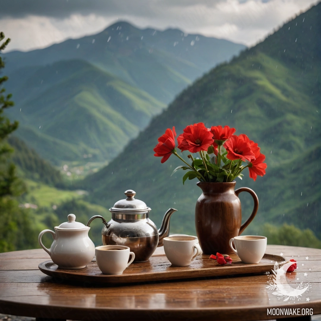 Charming Wooden Table with Flowers and Coffee A wooden table with red flowers, a coffee pot, and cups in the rain, with mountains in the background.