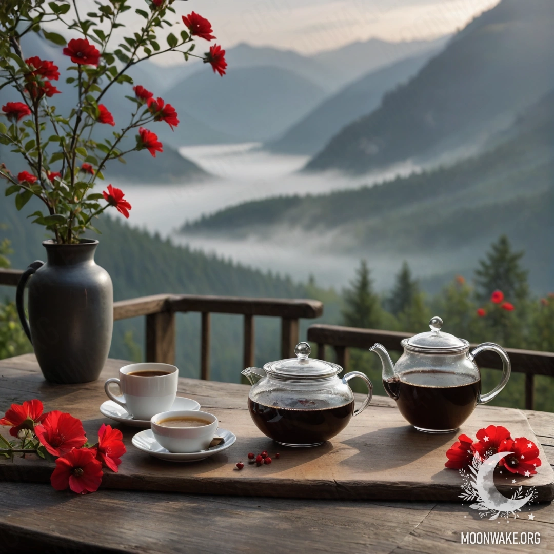 A charming wooden table in a misty mountain setting, adorned with a jar of red flowers and coffee pot with cups.