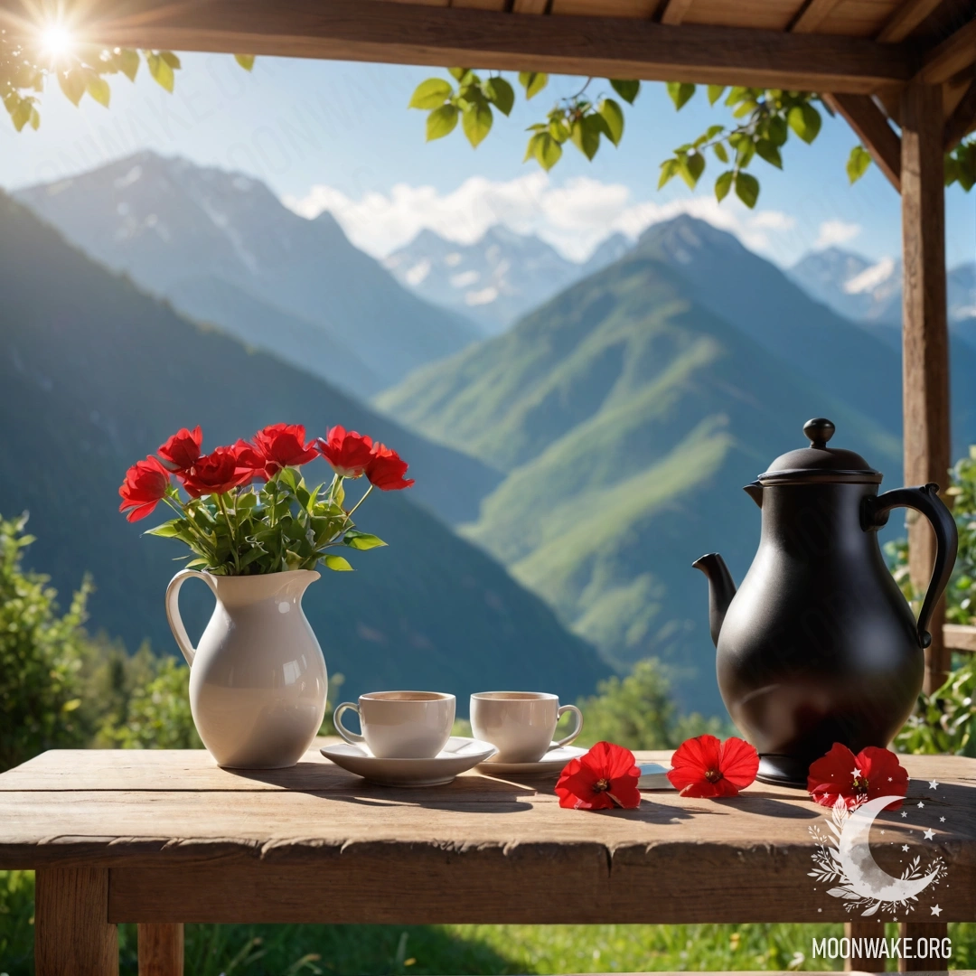 Charming Wooden Table with Flowers and Mountains A wooden table adorned with a jar of red flowers, a coffee pot, and cups, set against a mountainous backdrop illuminated by sunlight.