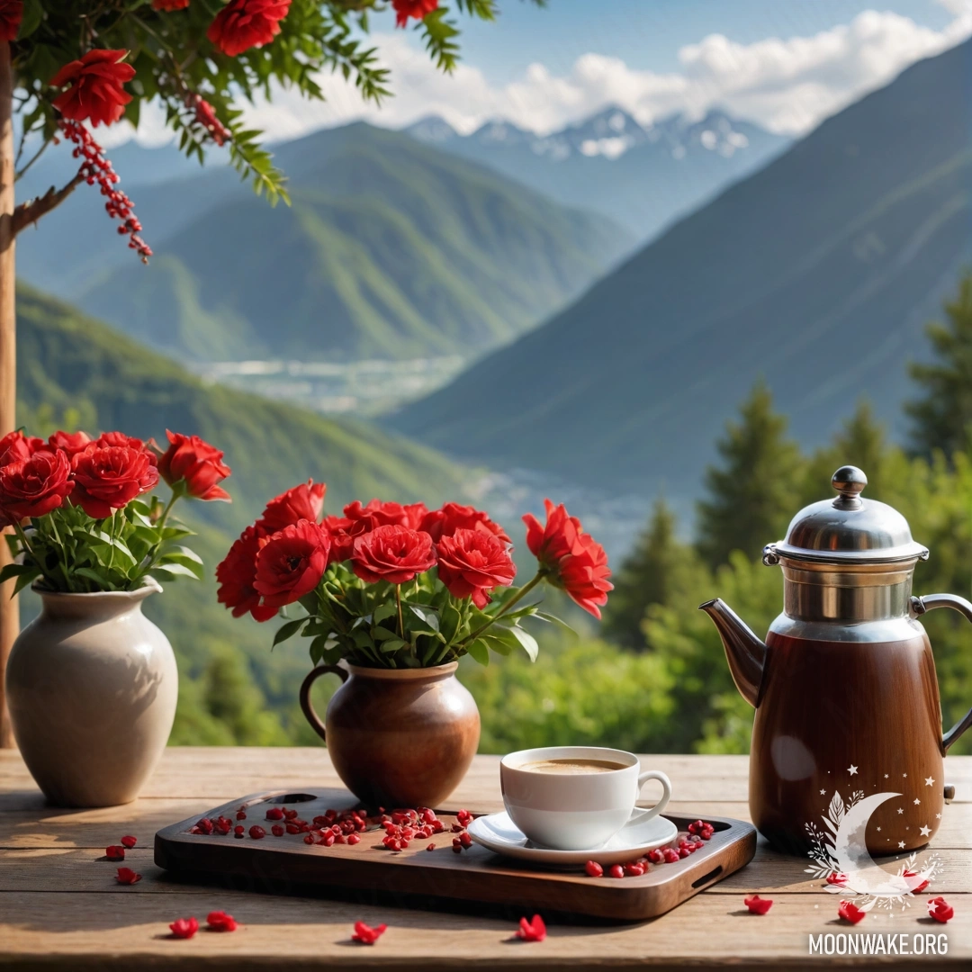 A rustic wooden table with a jar of red flowers and coffee set on it, against a mountainous landscape.