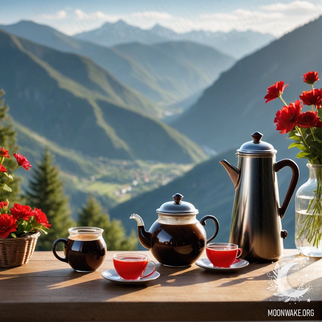 Charming Wooden Table with Flowers and Mountains A cozy wooden table adorned with a jar of red flowers, a coffee pot, and cups, set against a backdrop of majestic mountains.