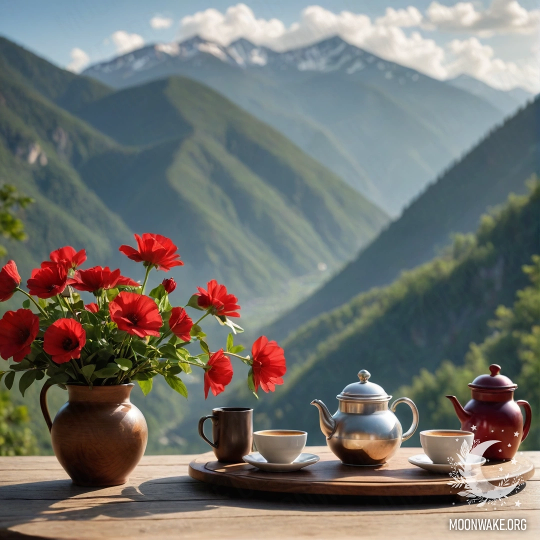 A photorealistic image of a wooden table with a jar of red flowers and a coffee pot, set against a mountainous backdrop, illuminated by sun rays.