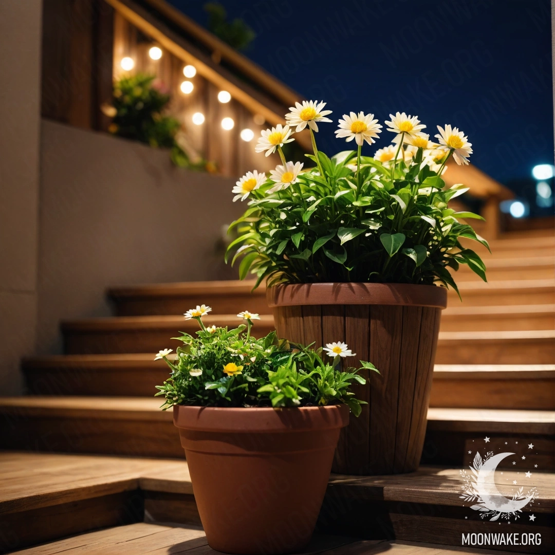 A wooden table set against a backdrop of majestic mountains, adorned with a jar of red flowers and a coffee pot with cups, illuminated by a garland.