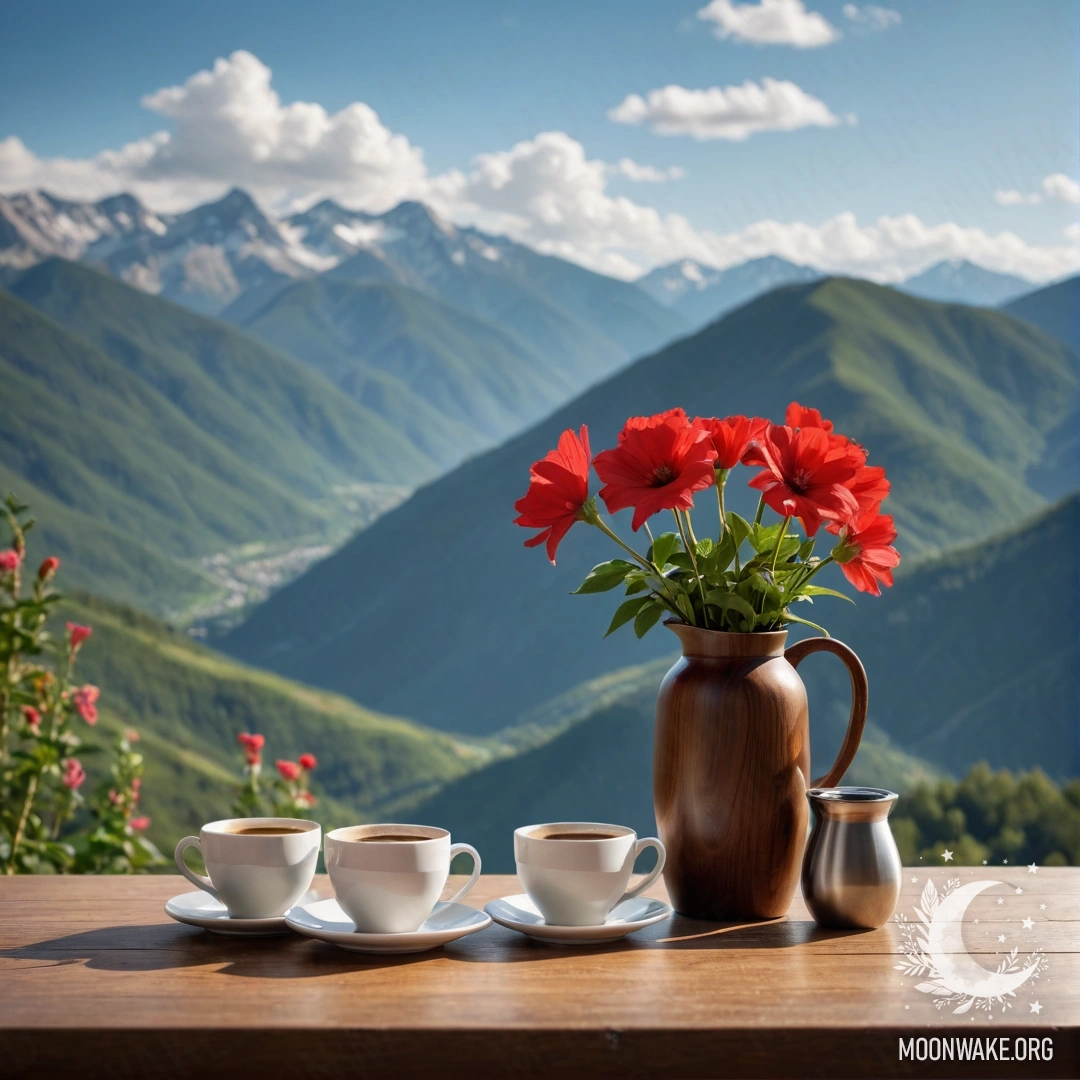 Charming Wooden Table with Flowers and Mountains A wooden table with a jar of red flowers, a coffee pot, and cups against a mountain backdrop.