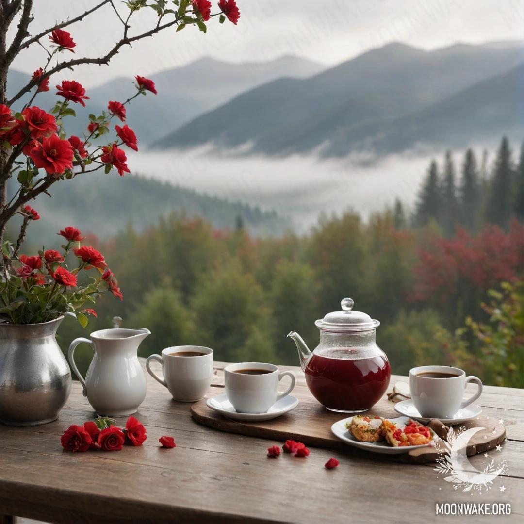 A sweet wooden table with a jar of red flowers, a coffee pot and cups, set against mountains in dense fog.