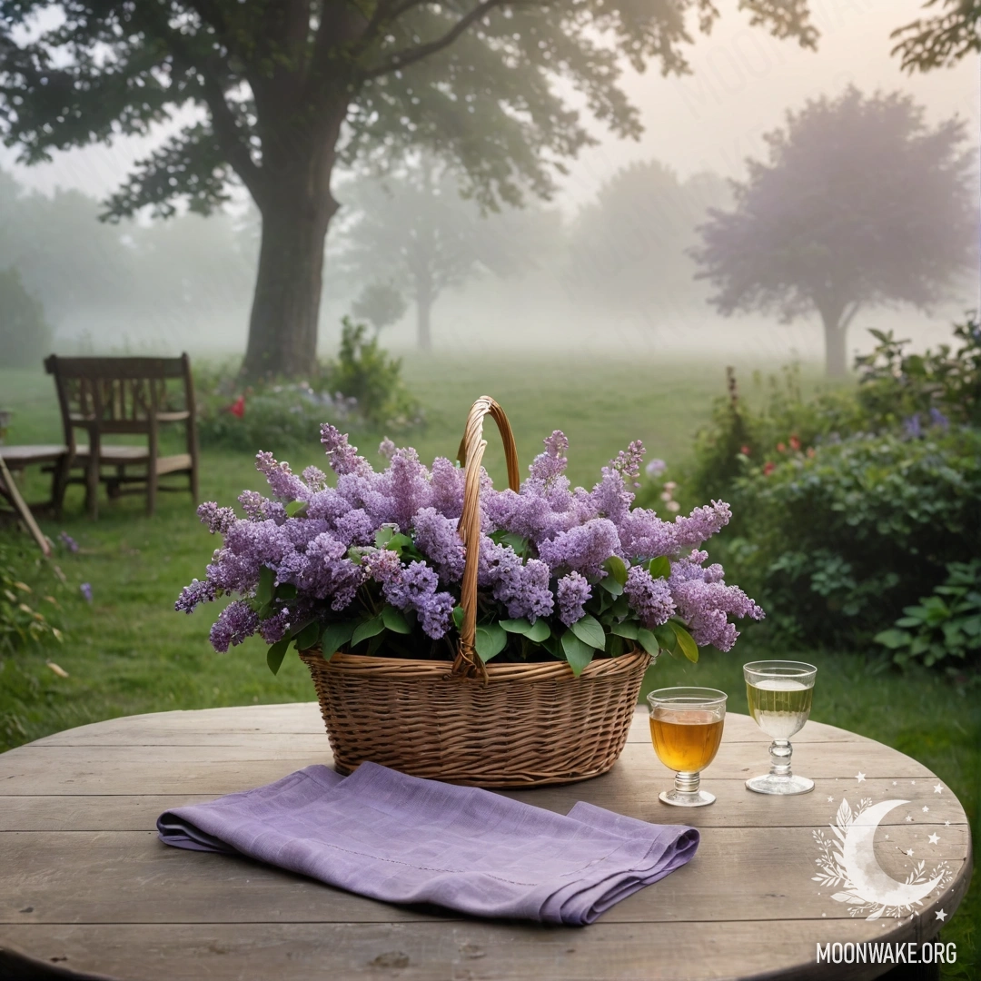 A vintage wooden table with a basket of lilacs in a garden surrounded by dense fog.