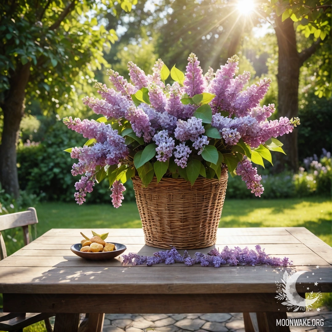 Charming Wooden Table with Lilacs A vintage wooden table with a basket of lilacs in a sunlit garden.