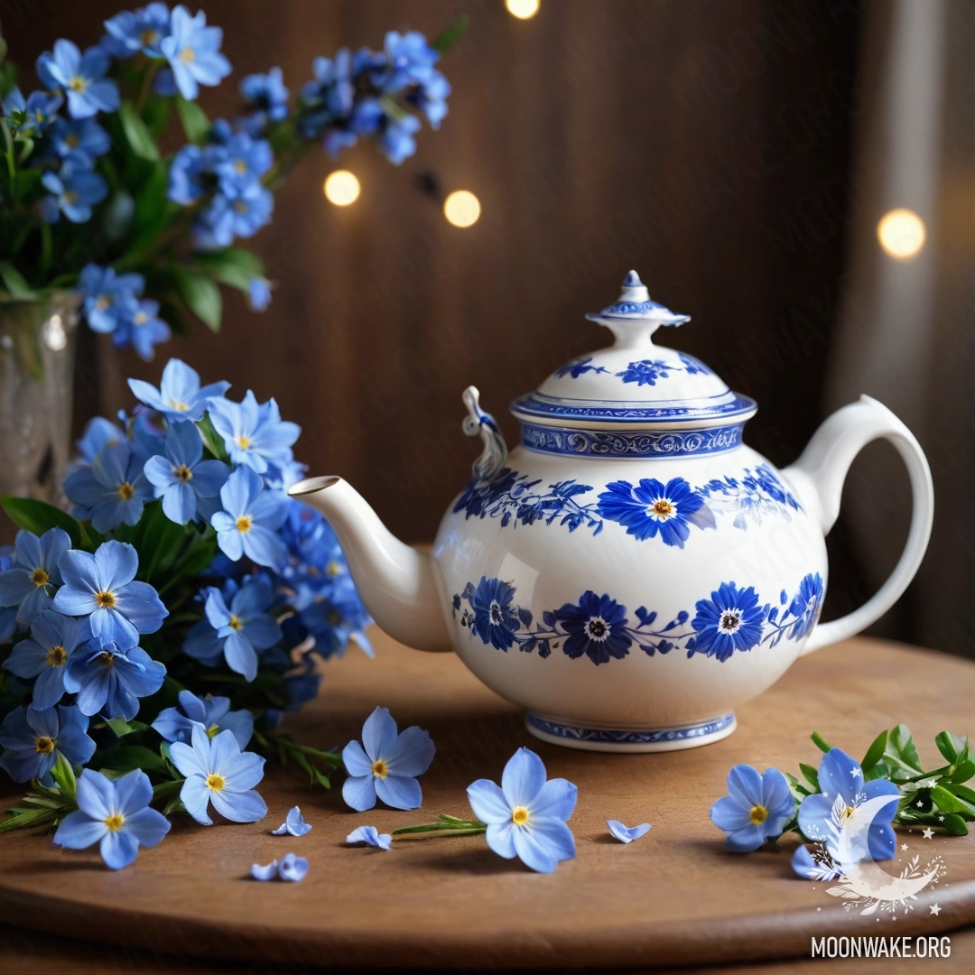 Charming Wooden Table with Porcelain Teapot A round wooden table featuring a porcelain teapot adorned with blue flowers and garland lights.