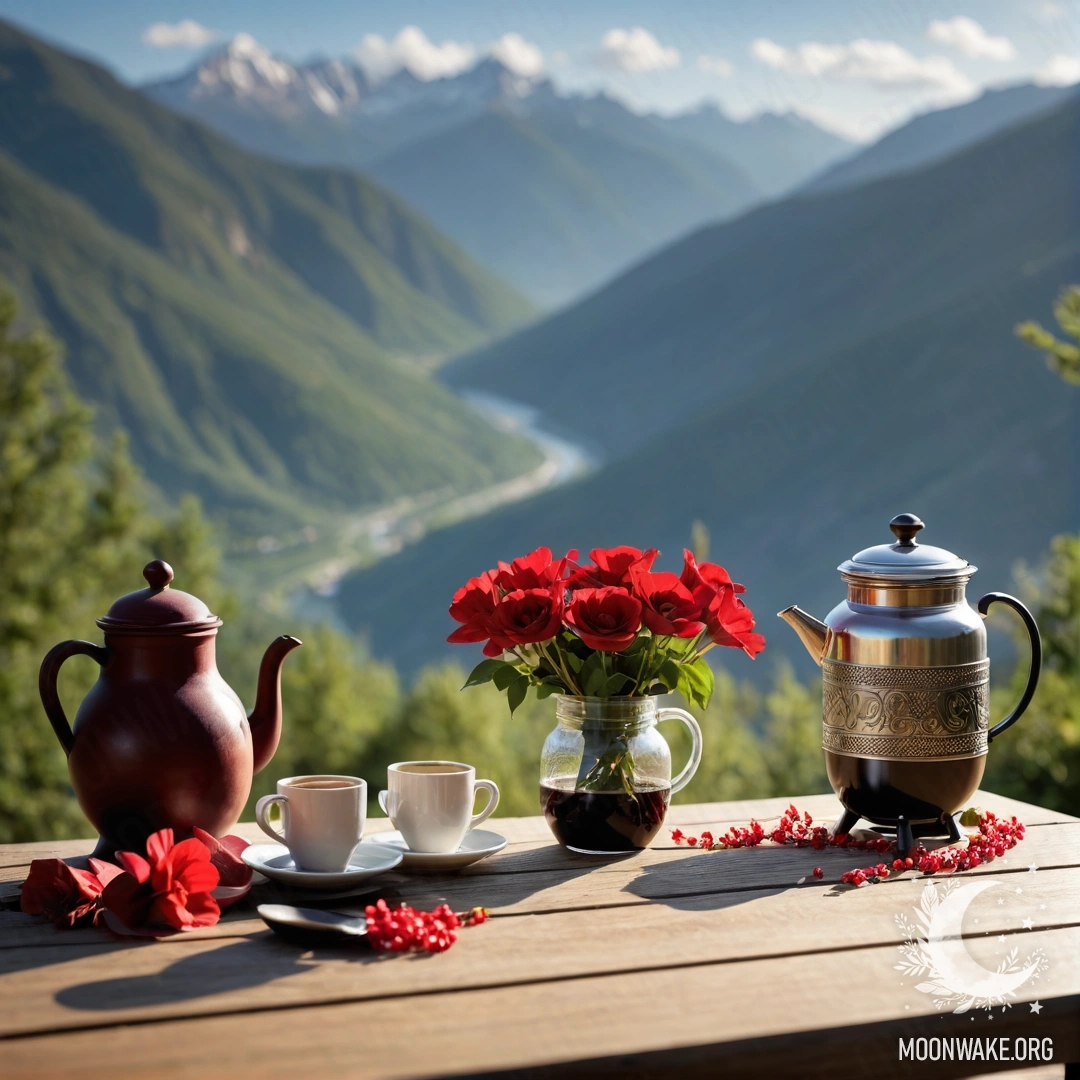 A wooden table with a jar of red flowers and a coffee pot, set against mountains.