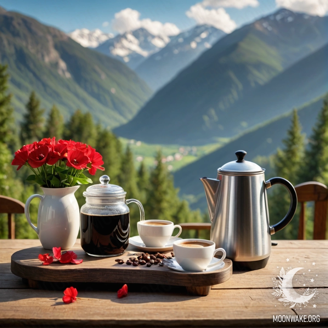 Charming Wooden Table with Scenic Mountain Backdrop A wooden table with a jar of red flowers, a coffee pot, and cups, set against mountains.