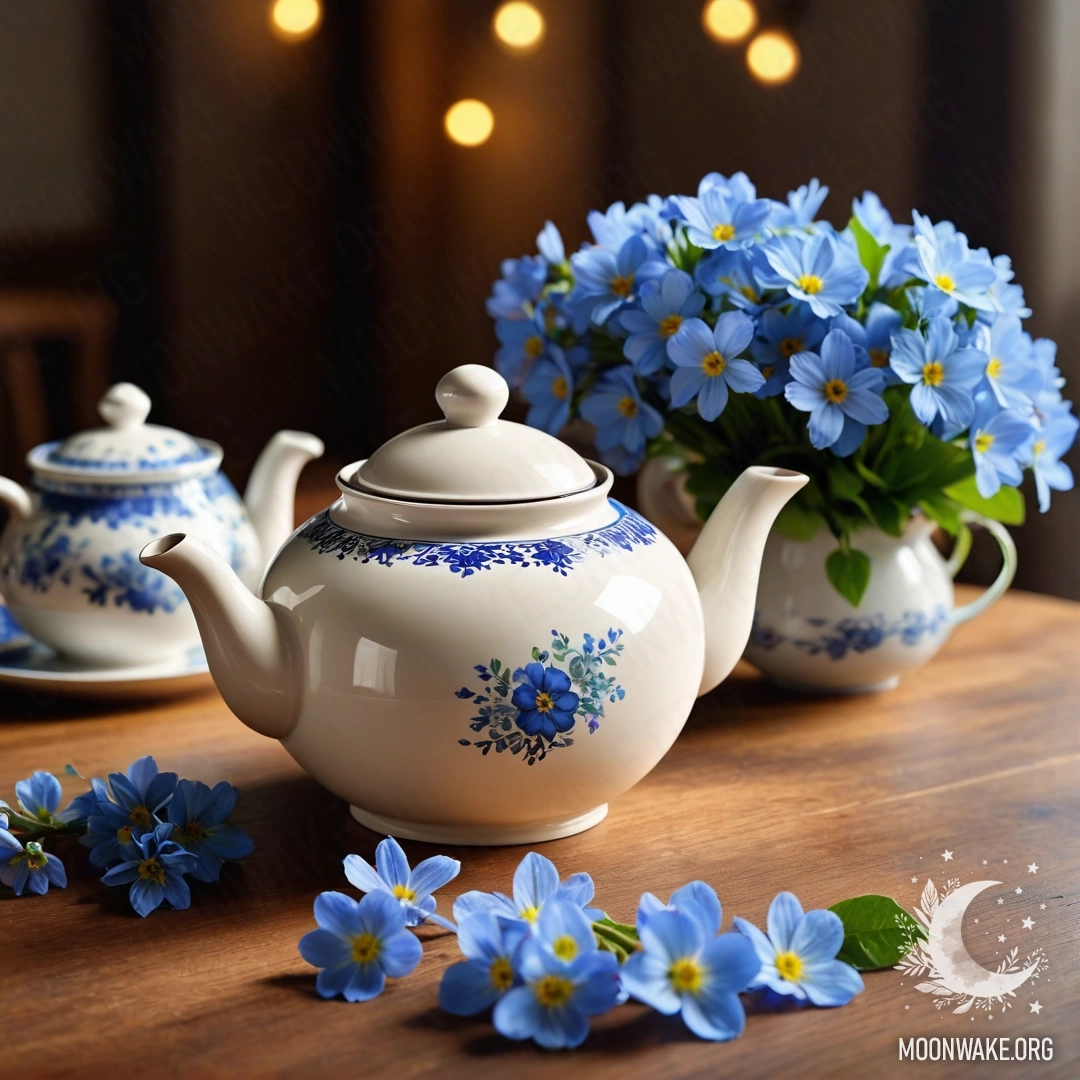 A round wooden table featuring a porcelain teapot filled with blue flowers and garland lights.