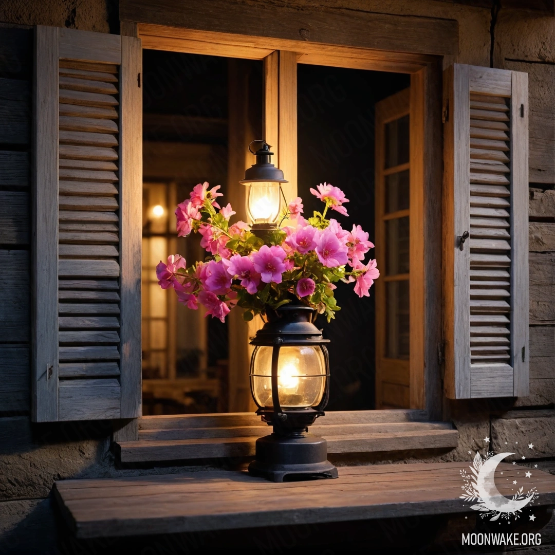 A shabby wooden window with shutters, a kerosene lamp above, and a branch with pink flowers at night.