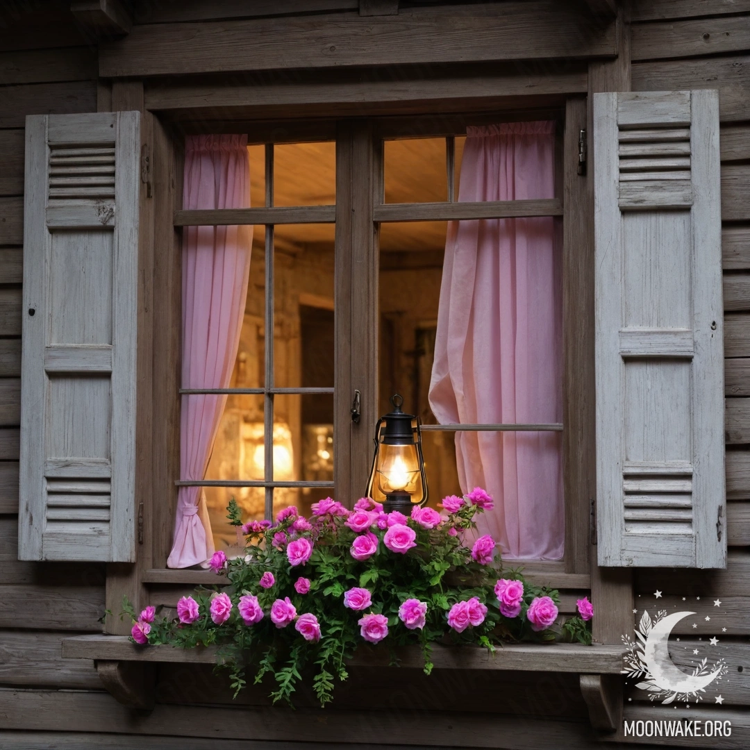 Charming Wooden Window at Night A photorealistic image of a shabby wooden window with shutters, a kerosene lamp hangs above, and a branch with pink flowers curls around it in the night.
