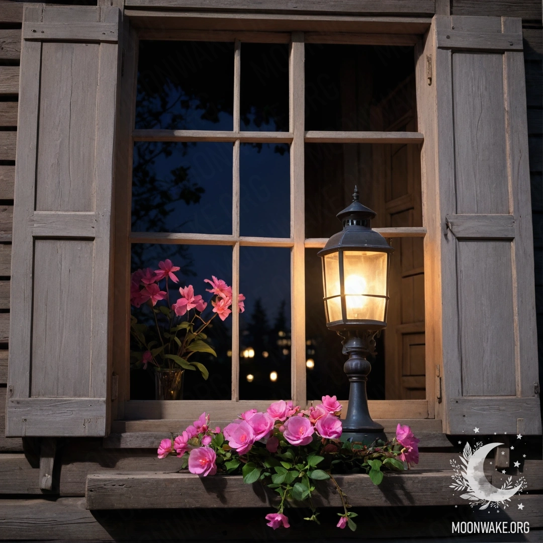 A shabby wooden window with shutters, a kerosene lamp above it, and a branch of pink flowers at night.
