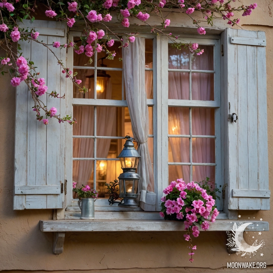 A charming wooden window with shutters, adorned with pink flowers and a kerosene lamp overhead, during sunset.