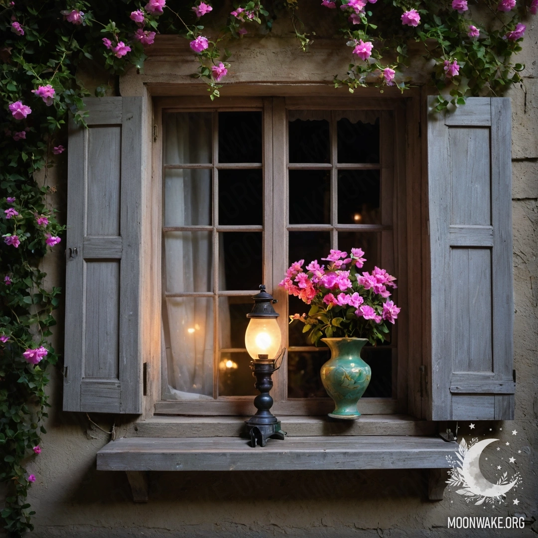A shabby wooden window with shutters and a kerosene lamp, surrounded by a branch with pink flowers at night.