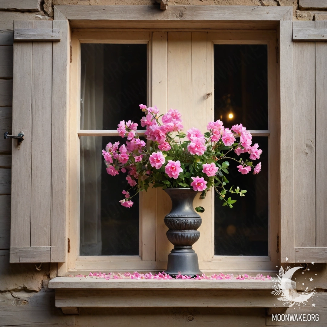 A shabby wooden window adorned with pink flowers and a kerosene lamp