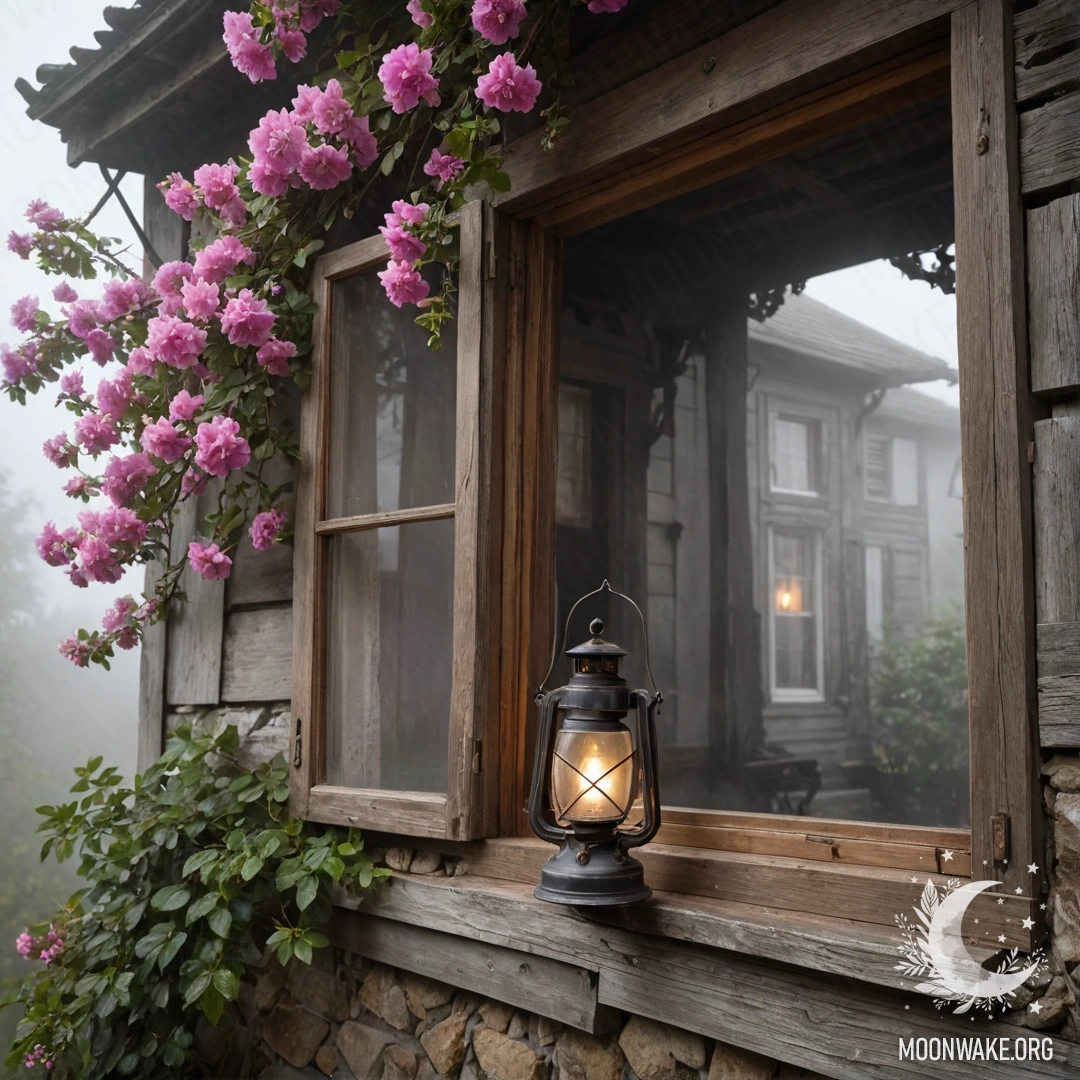 A shabby wooden window with shutters, surrounded by pink flowers and a kerosene lamp, enveloped in dense fog.