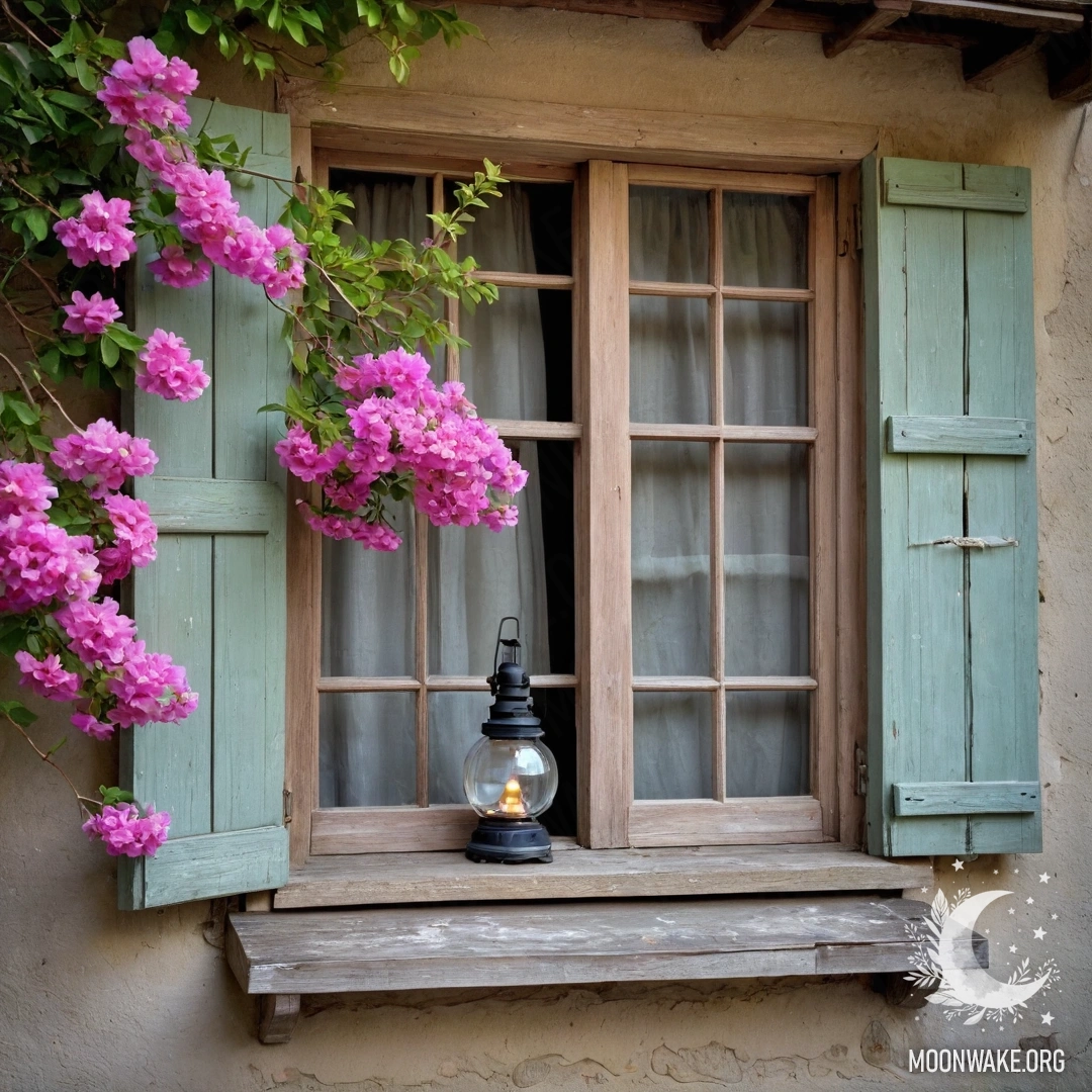 A shabby wooden window with shutters, adorned by a kerosene lamp and pink flowers.