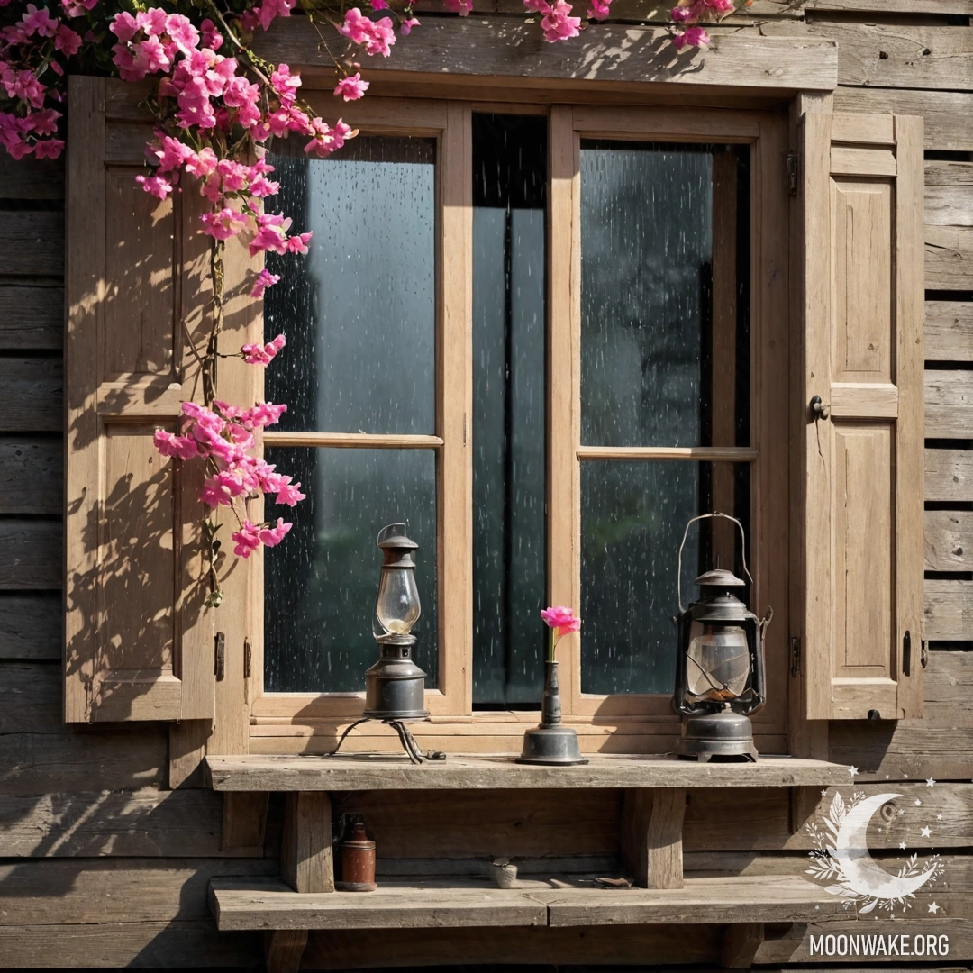 Charming Wooden Window with Pink Blossoms A wooden window with shutters, a kerosene lamp above, and pink flowers in the rain.