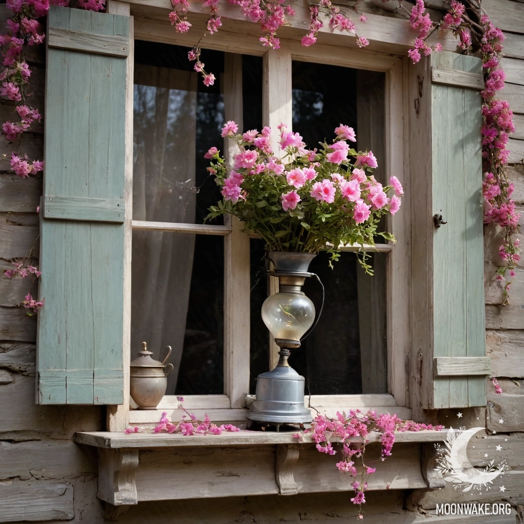 A shabby wooden window adorned with pink flowers and a lamp
