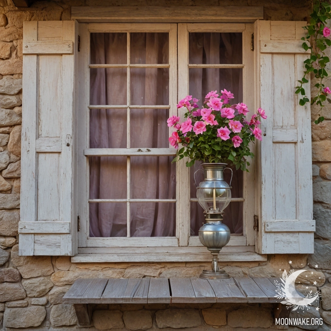 A shabby wooden window adorned with pink flowers and a kerosene lamp.