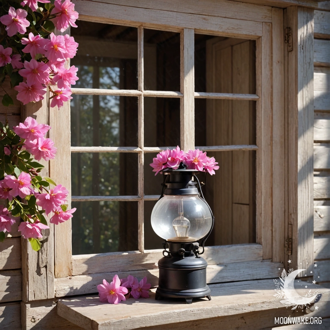 Charming Wooden Window with Pink Blossoms A shabby wooden window framed with pink blossoms and a kerosene lamp above.