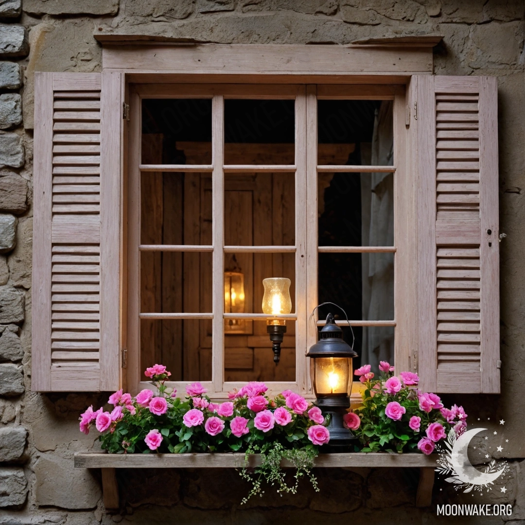 A shabby wooden window adorned with pink flowers under a kerosene lamp at night.