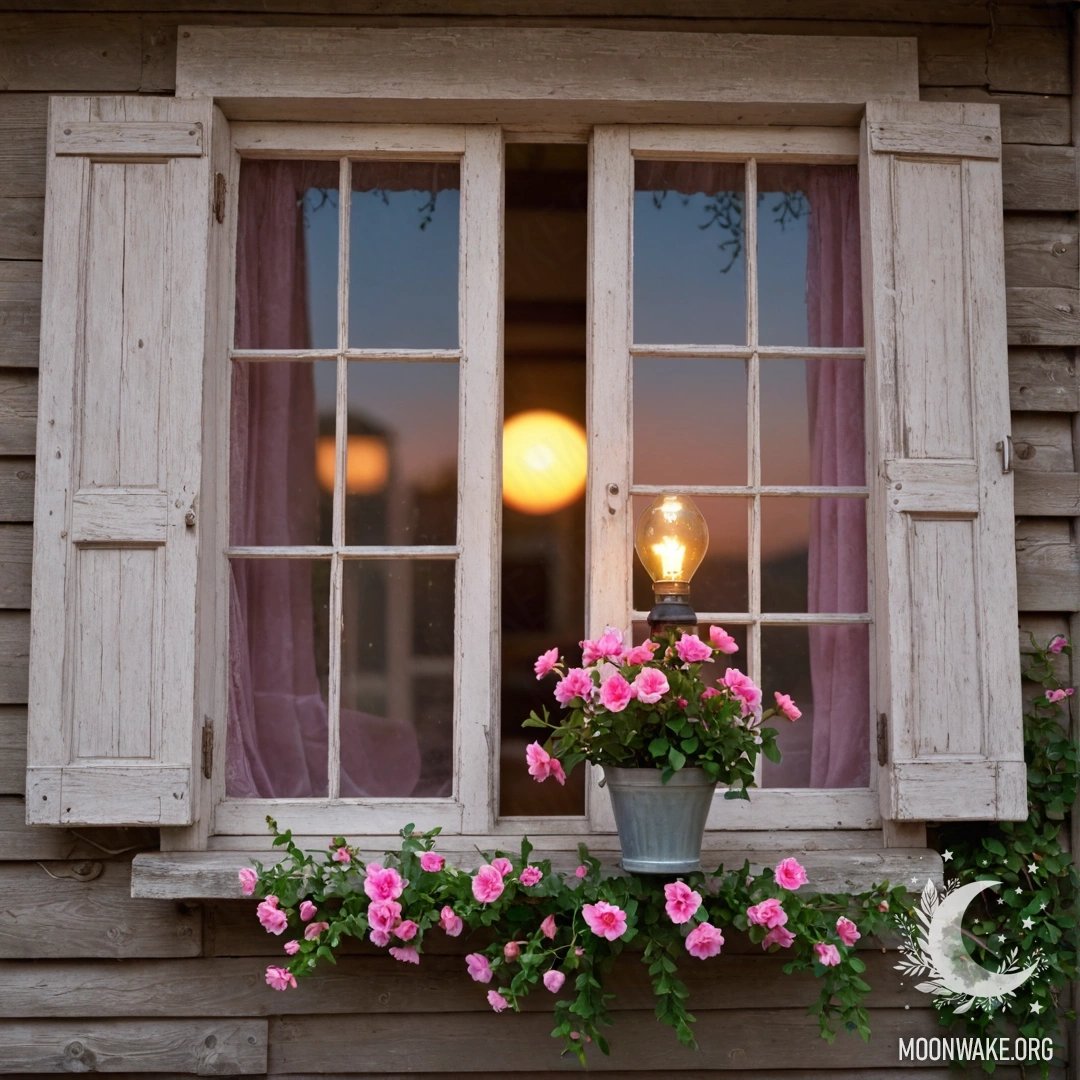 A photorealistic image of a shabby wooden window with shutters, a kerosene lamp hanging above, and a branch of pink flowers curling around it during sunset.