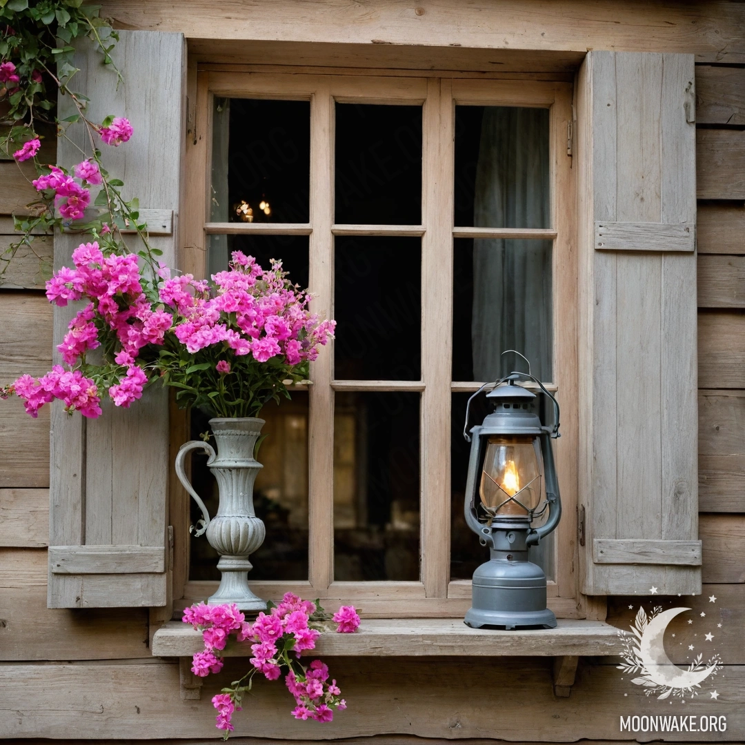 Charming Wooden Window with Pink Flowers A shabby wooden window with shutters, a kerosene lamp and pink flowers.