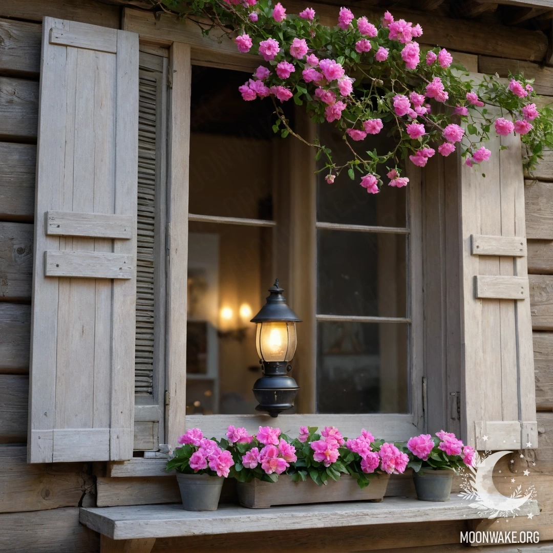 A shabby wooden window with shutters and a kerosene lamp above it, surrounded by pink flowers and a garland light.