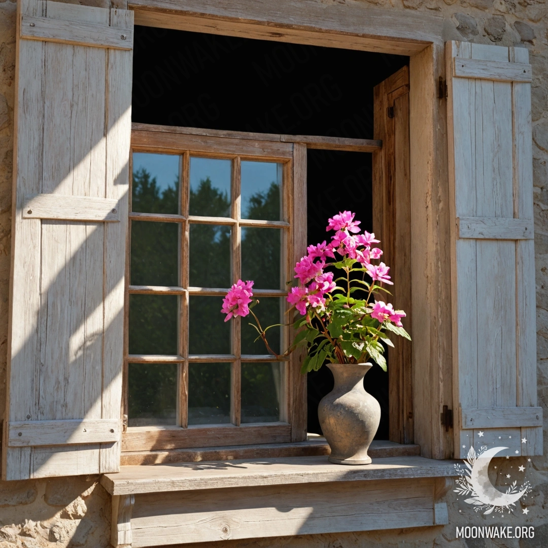 Charming Wooden Window with Pink Flowers A shabby wooden window with shutters, a kerosene lamp above it, and pink flowers entwined around the frame.