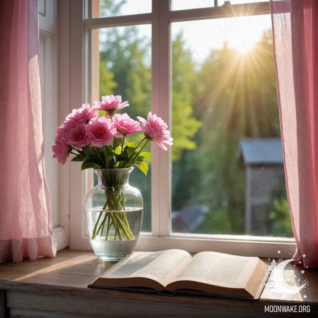 A wooden window sill with an old book and a gray vase of pink flowers.