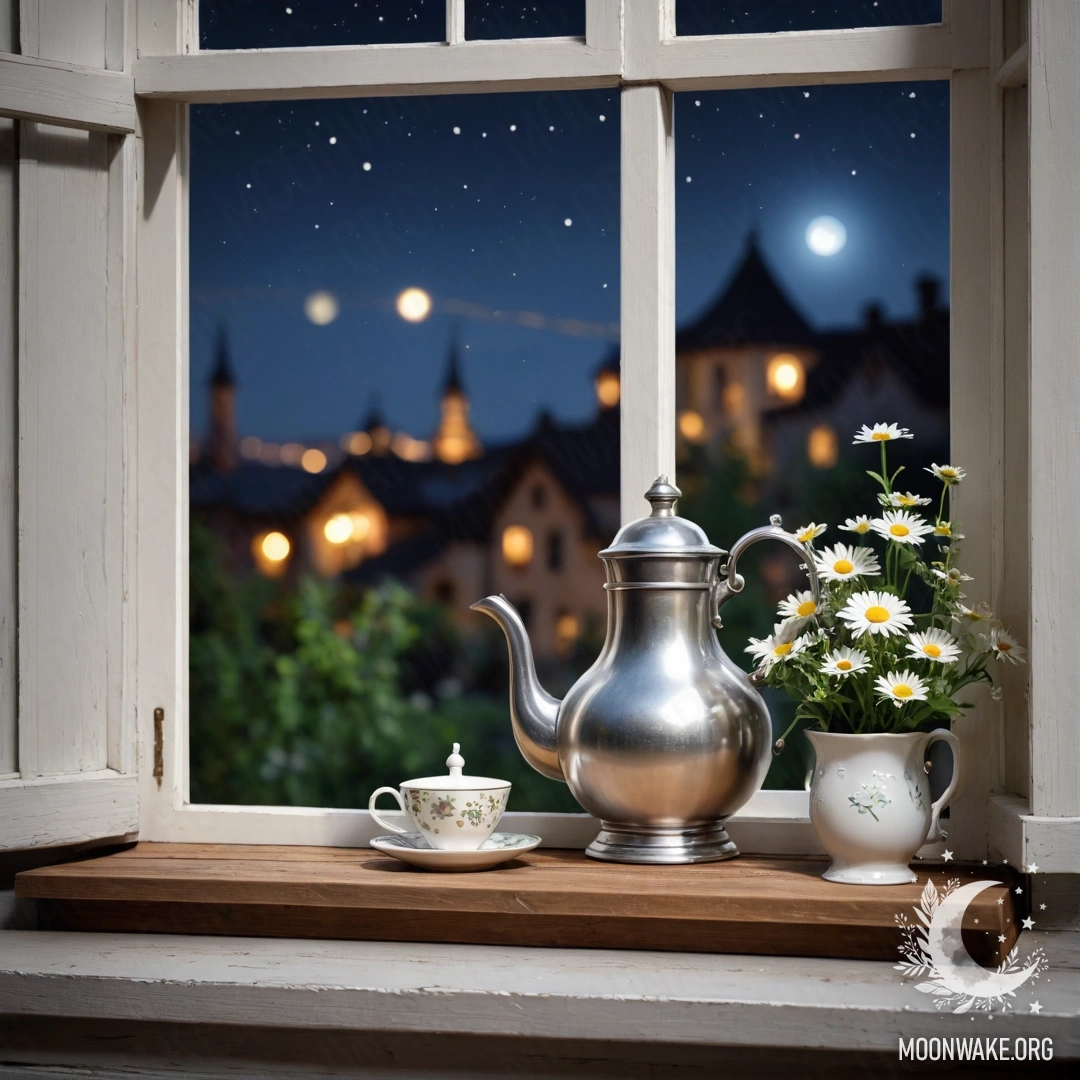 A photorealistic depiction of a shabby wooden window sill with a metal teapot holding daisies, set against a night sky.