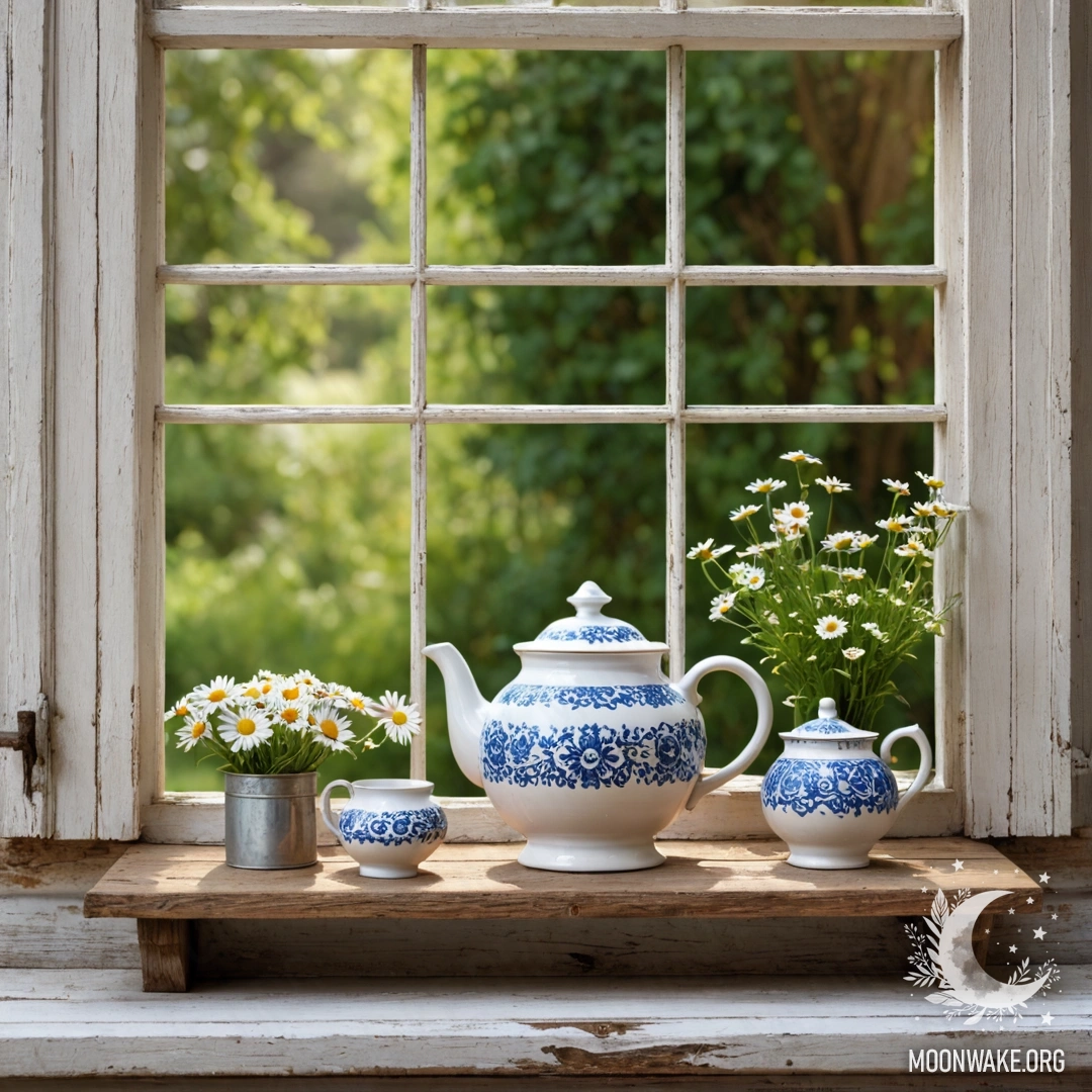 A charming wooden window sill featuring a patterned metal teapot with daisies.